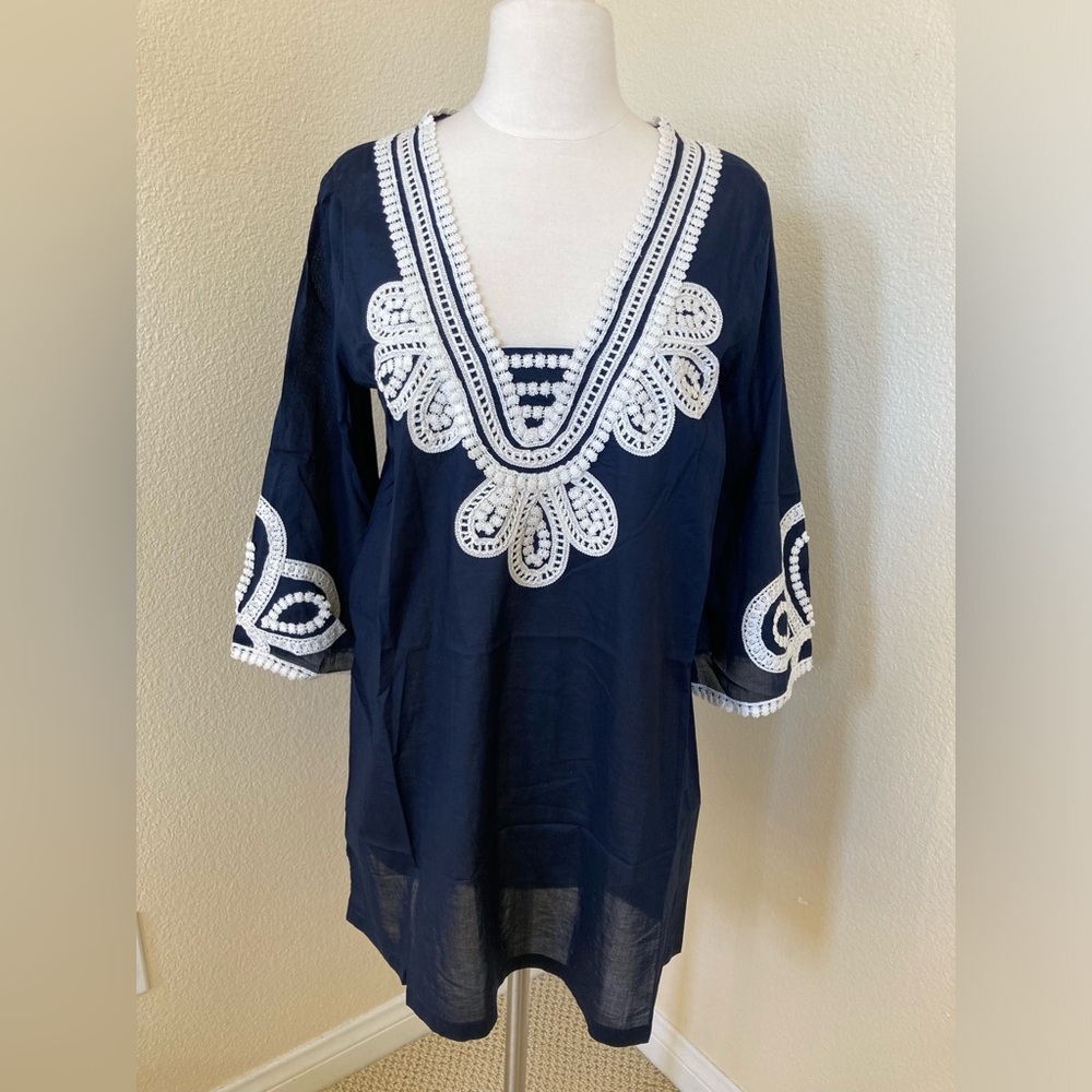 NWT J. Crew navy blue cotton 3/4 sleeve cover up tunic lace embroidery Size S